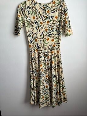 LuLaRoe Cream Floral Midi Dress with Mustard, Green & Navy